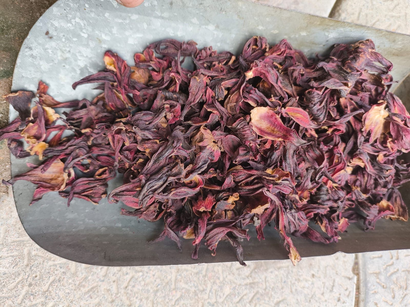 Dried hibiscus roselle flowers close-up showing deep crimson colour for natural food colouring export